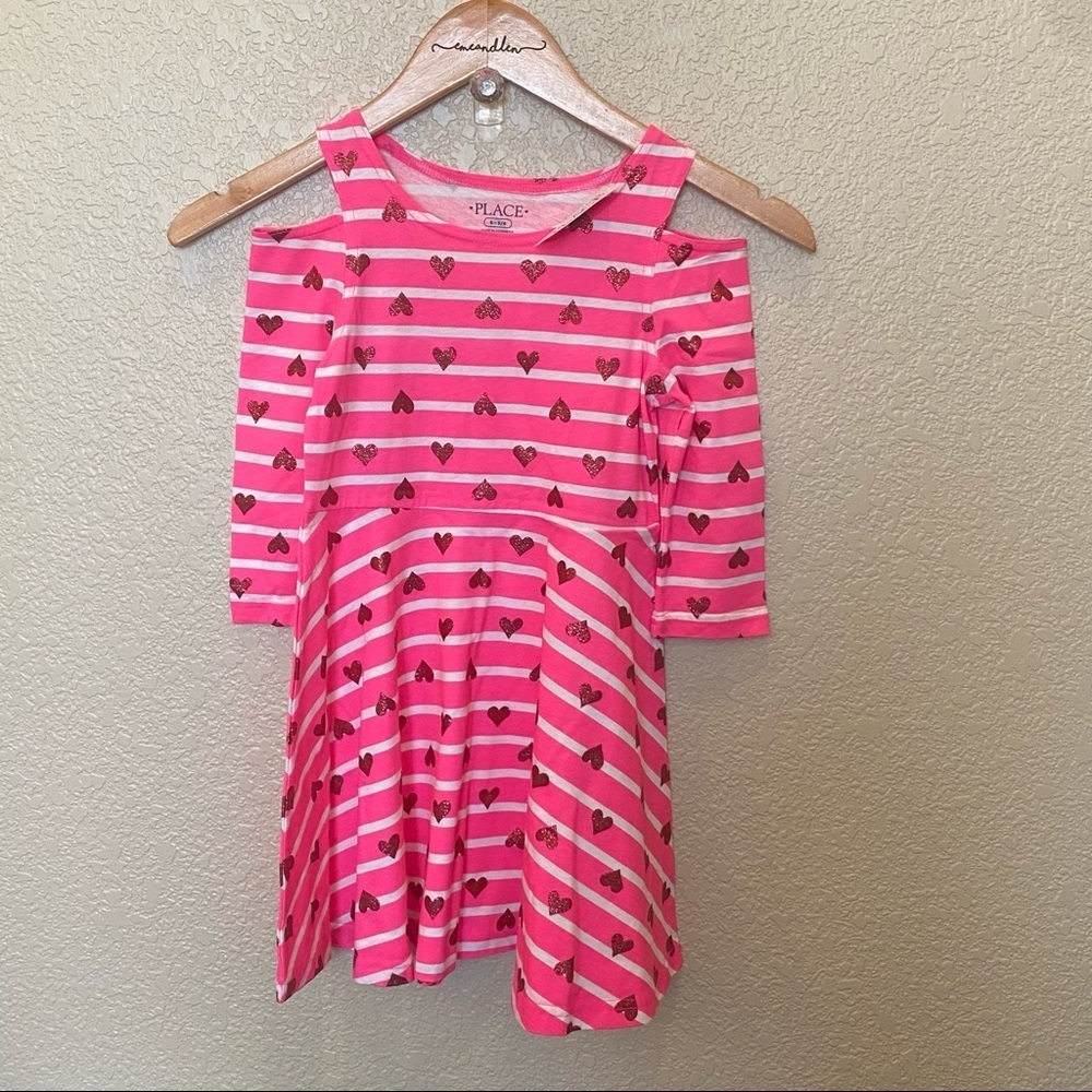 The children’s place long sleeve dress cold shoulder pink stripes and hearts nwt
